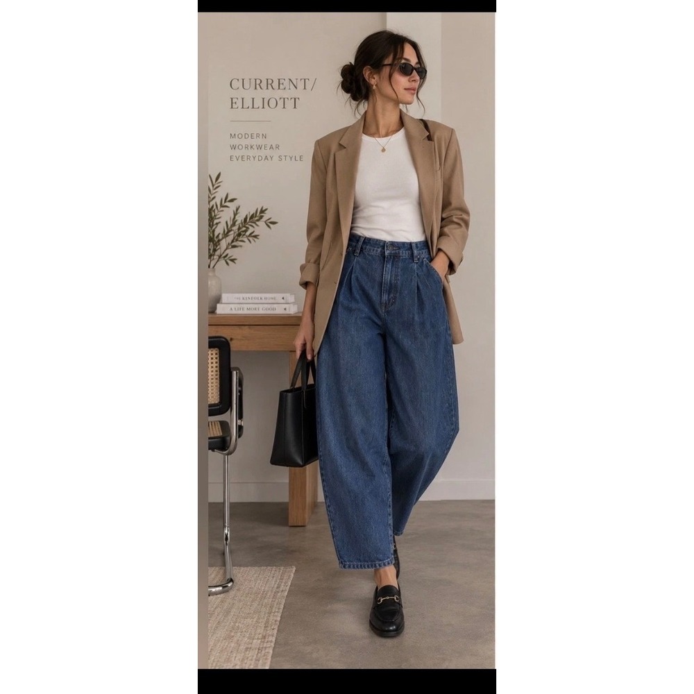 Current/Elliott Barrel Jeans size 8 Dark Indigo New Pleated High Rise Wide Leg